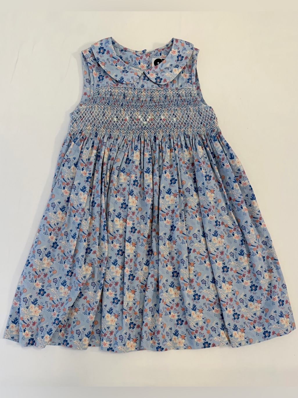 Question Everything London Hand-Smocked Dress In Blue W Peter Pan Collar